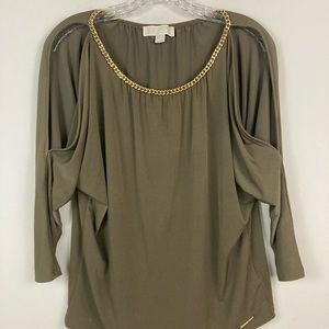 Michael Kors green blouse, cold shoulders, gold chain, dolman sleeves, Small